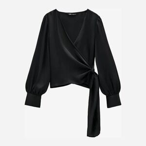 NEW NWT Zara Black Satin Silk Wrap Blouse Top Medium